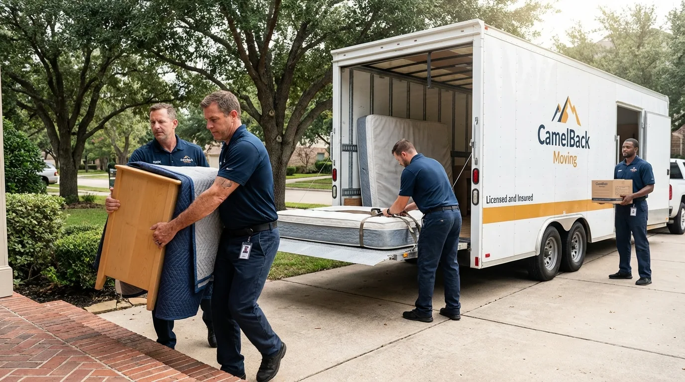 Crew loading residential truck for cross-state move from Montague, CA