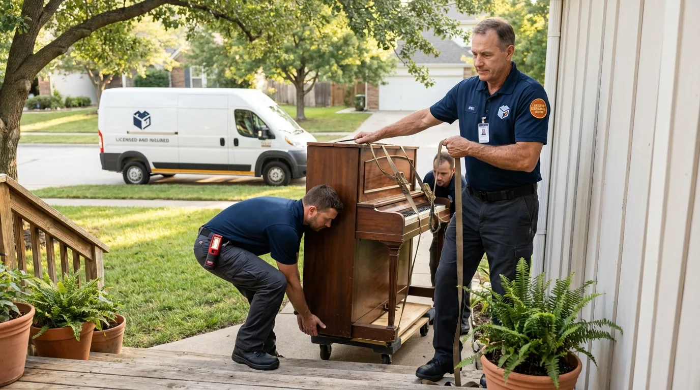 Licensed piano movers securing grand piano in Montague, CA