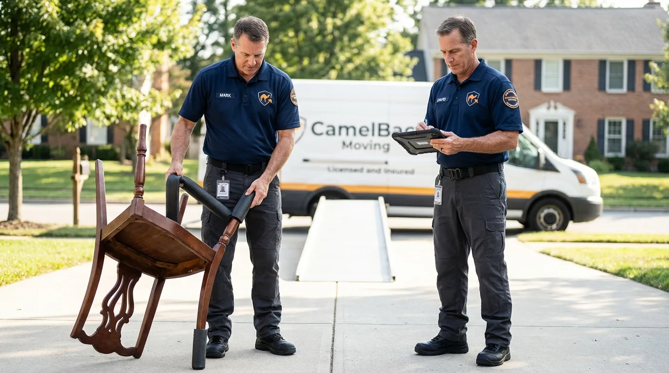 Movers inspecting furniture for damage prevention before loading in Montague, CA